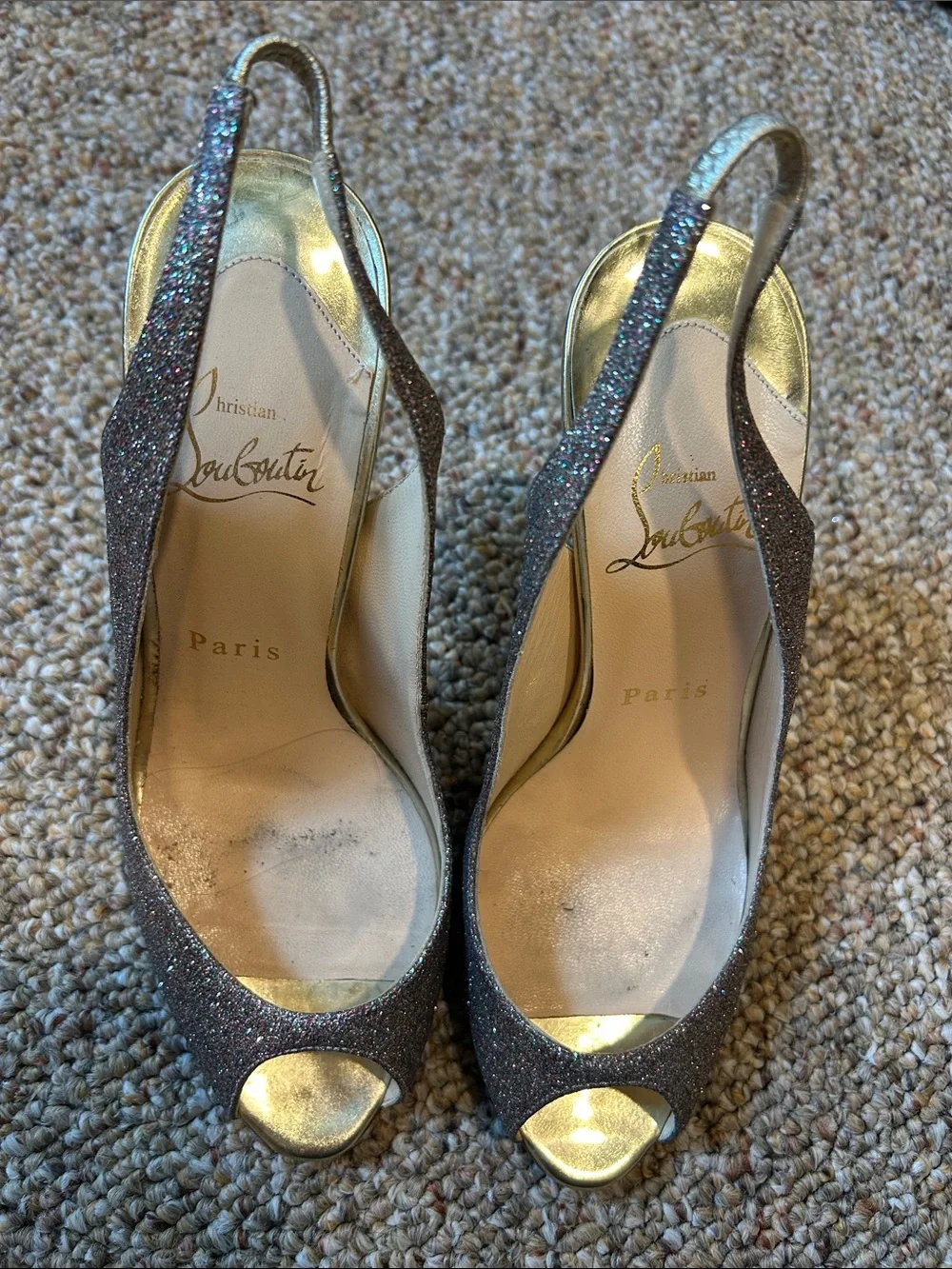 Christian Louboutin Metallic Gold and Glitter Slingback Peep-Toe Heels